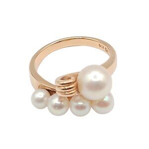 Mikimoto 14K Gold Pearl Cocktail Ring Size 6 Authentic 5 Akoya Pearls Luxury